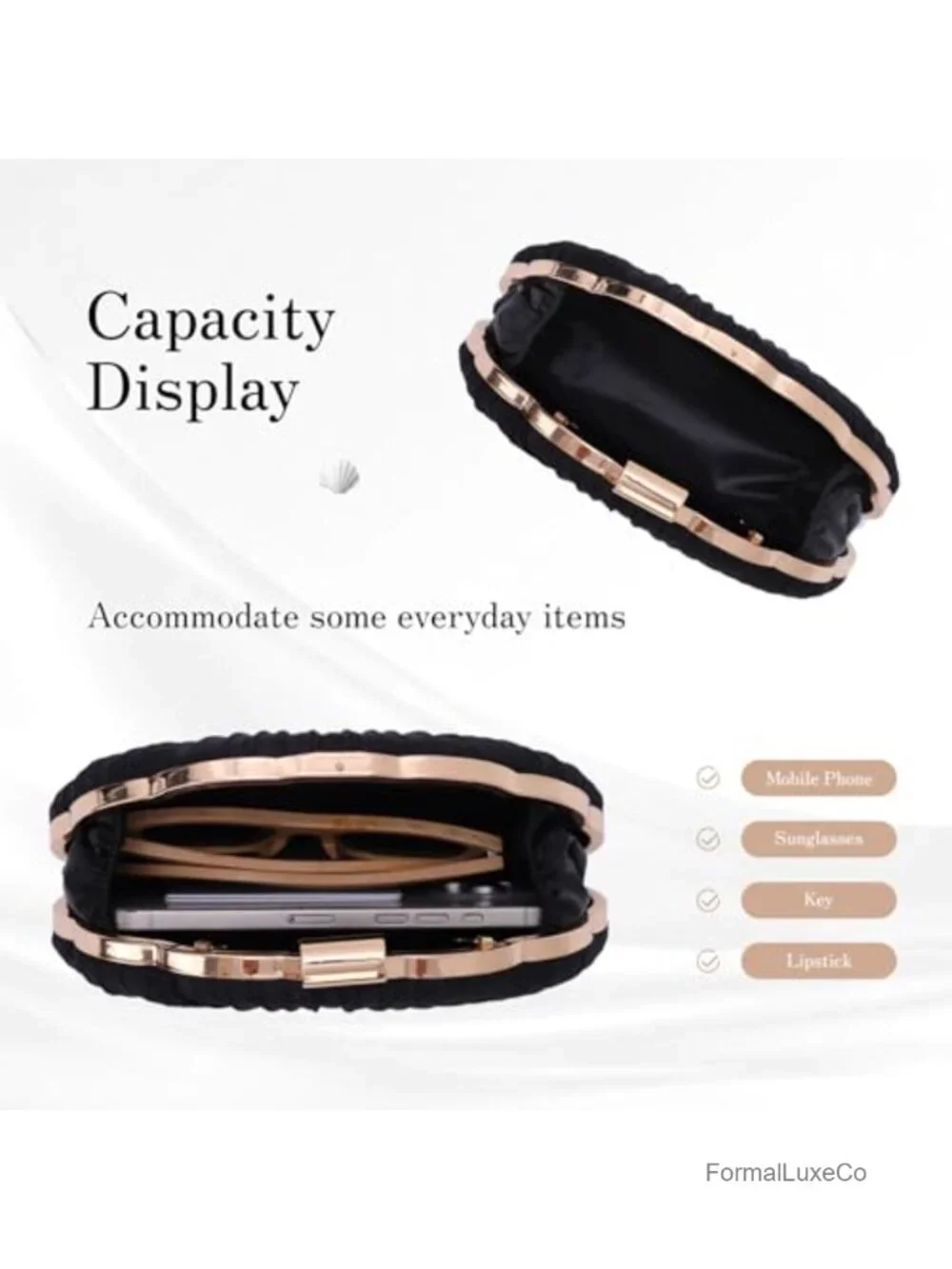 Satin Shell Ruched Clutch Purse with Chain - Evening Bag